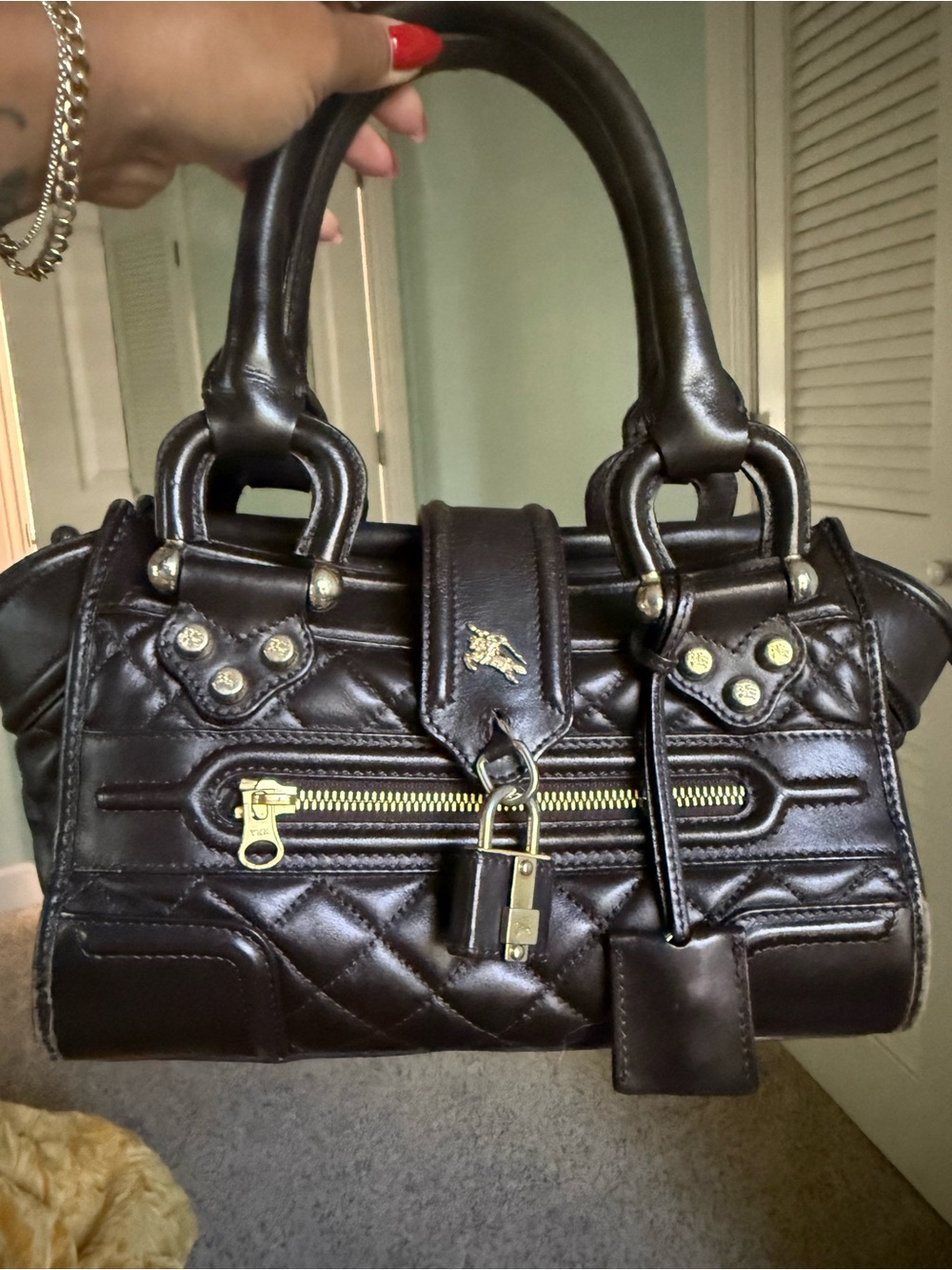Vintage Burberry Dark Brown Quilted Leather Satchel with Gold Hardware